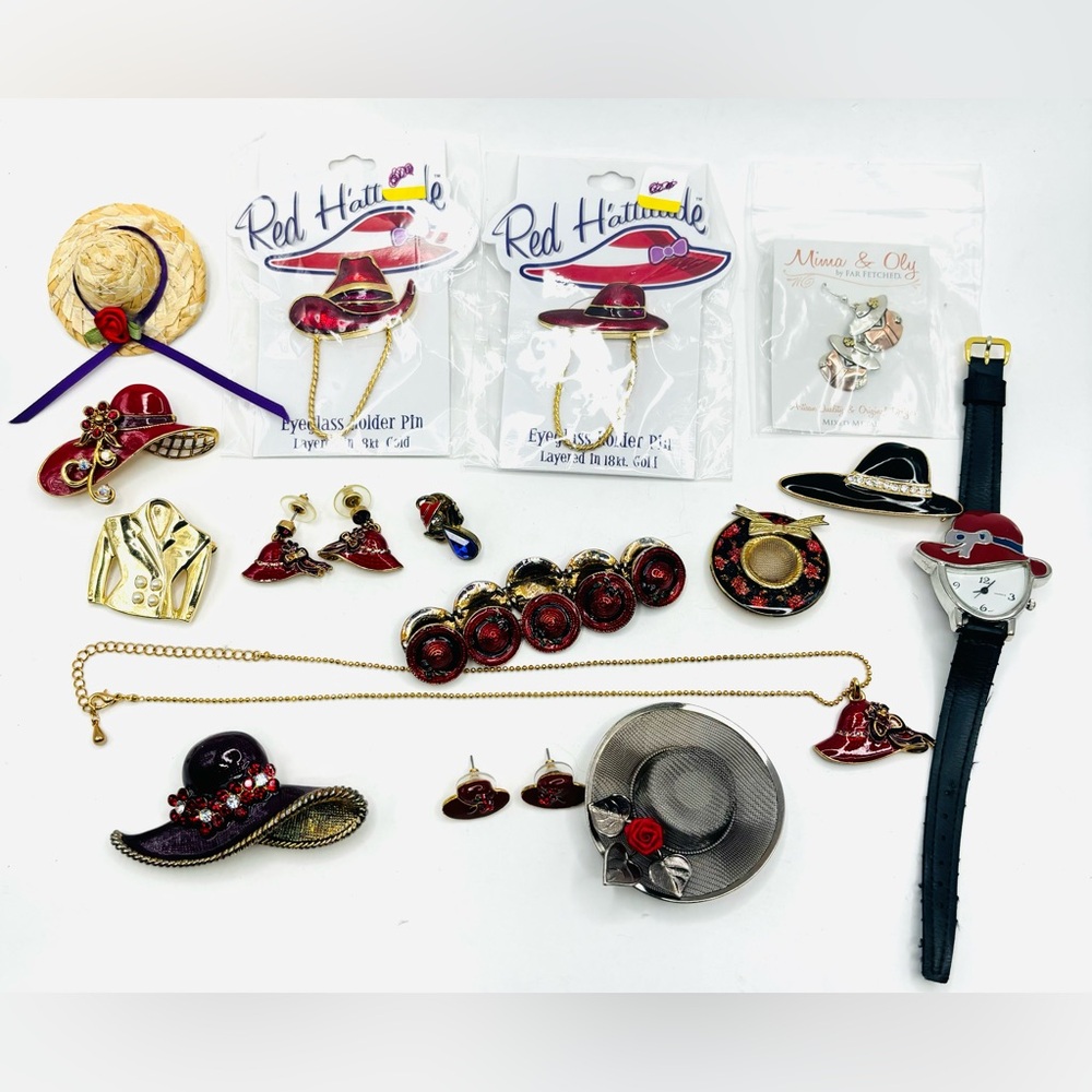 Red Jewelry Lot Brooches Pins Watch Necklace Earrings